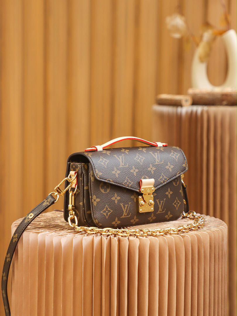 Monogram Canvas Pochette Style Crossbody Bag Brown Gold Chain Shoulder Purse
