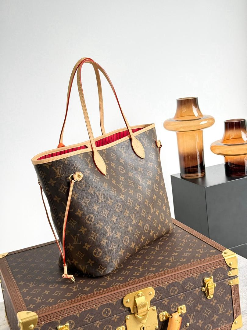 Monogram Canvas Neverfull Style Tote Bag Brown Red Interior Shoulder Handbag