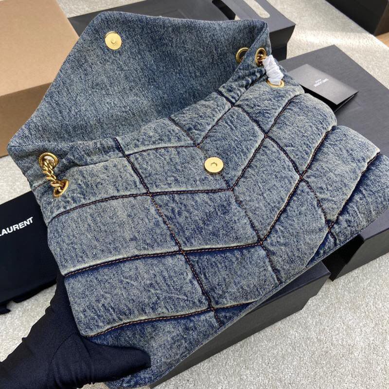 Denim Quilted Chain Shoulder Bag Blue Puffy Crossbody Handbag Gold Hardware