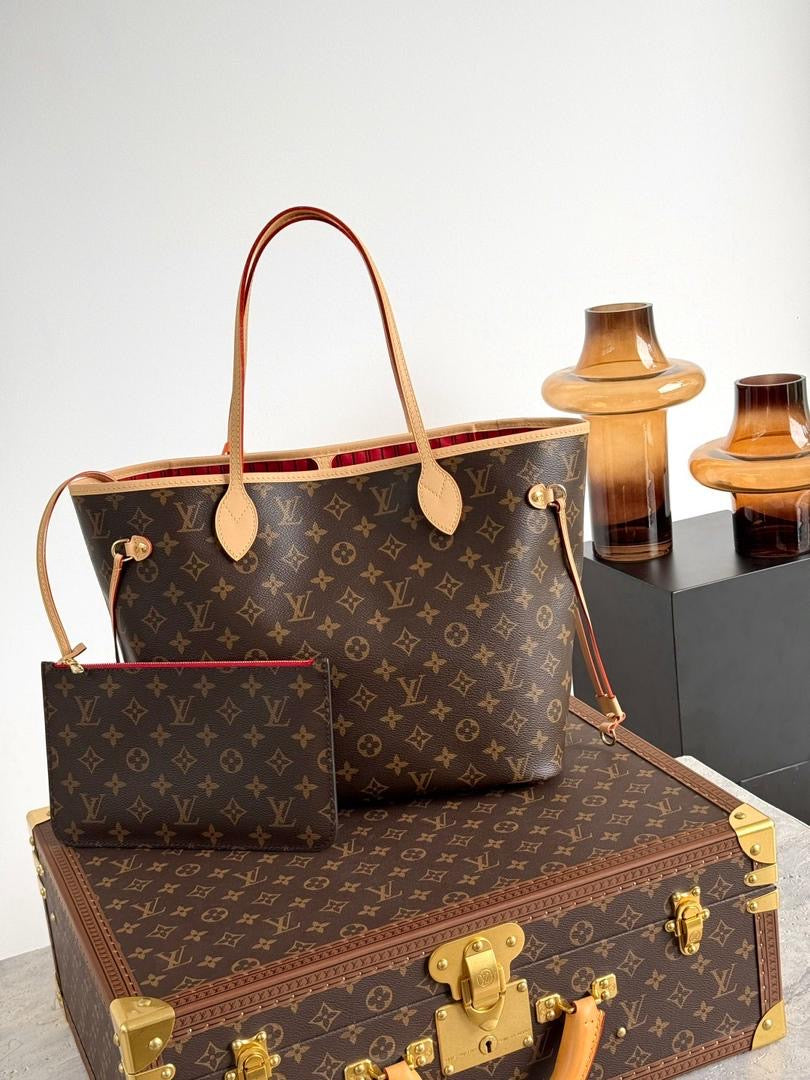 Monogram Canvas Neverfull Style Tote Bag Brown Red Interior Shoulder Handbag