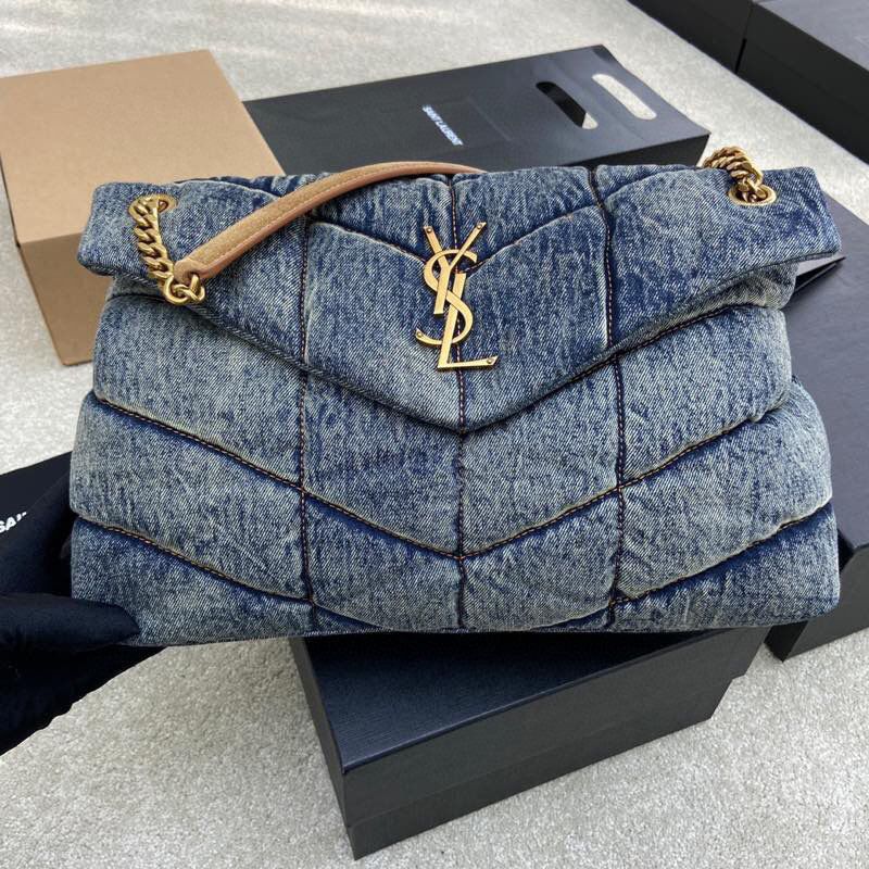 Denim Quilted Chain Shoulder Bag Blue Puffy Crossbody Handbag Gold Hardware