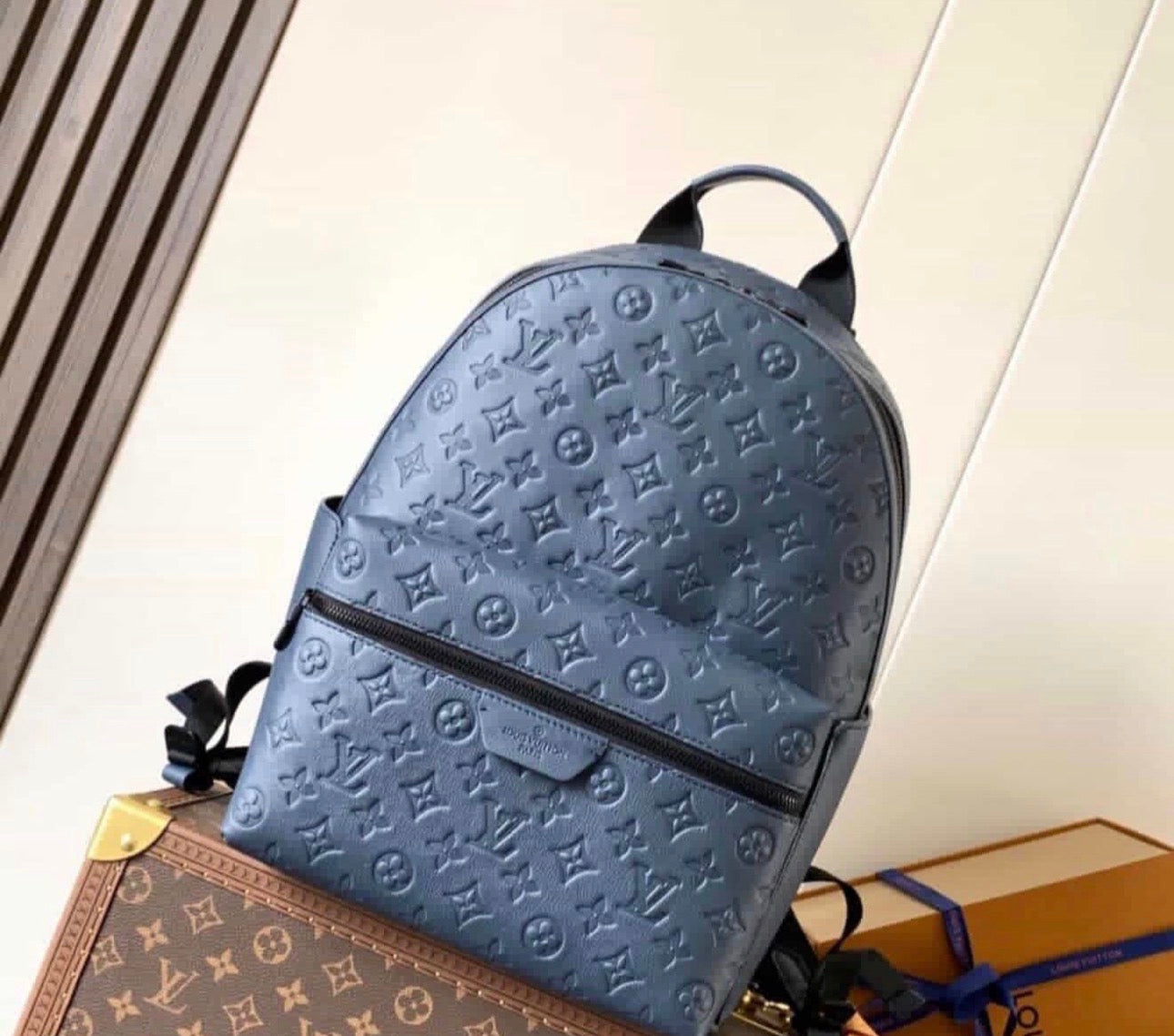 Monogram Embossed Leather Backpack – Navy Blue Travel Backpack