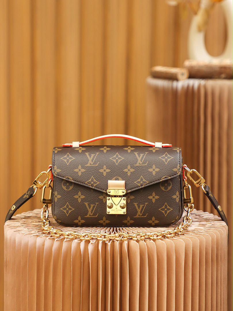 Monogram Canvas Pochette Style Crossbody Bag Brown Gold Chain Shoulder Purse
