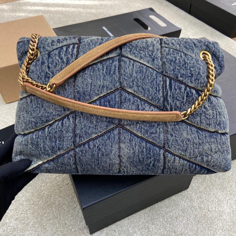 Denim Quilted Chain Shoulder Bag Blue Puffy Crossbody Handbag Gold Hardware