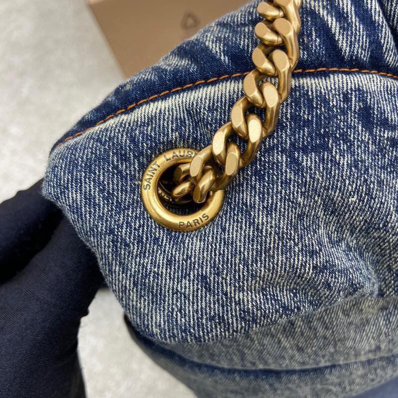 Denim Quilted Chain Shoulder Bag Blue Puffy Crossbody Handbag Gold Hardware