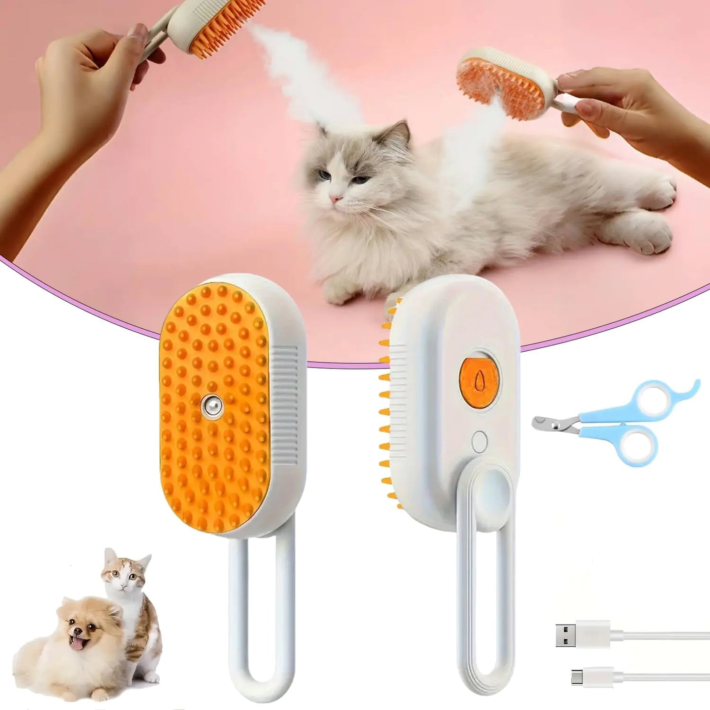 Spritz Defur Comb for Cats Cloud Care Cat Brush Steam Brush for Cats Cat Steam Brush for Shedding Cat Brush with Steam Steamer Comb for Dogs For Cats and Dogs Grooming Tool (White)